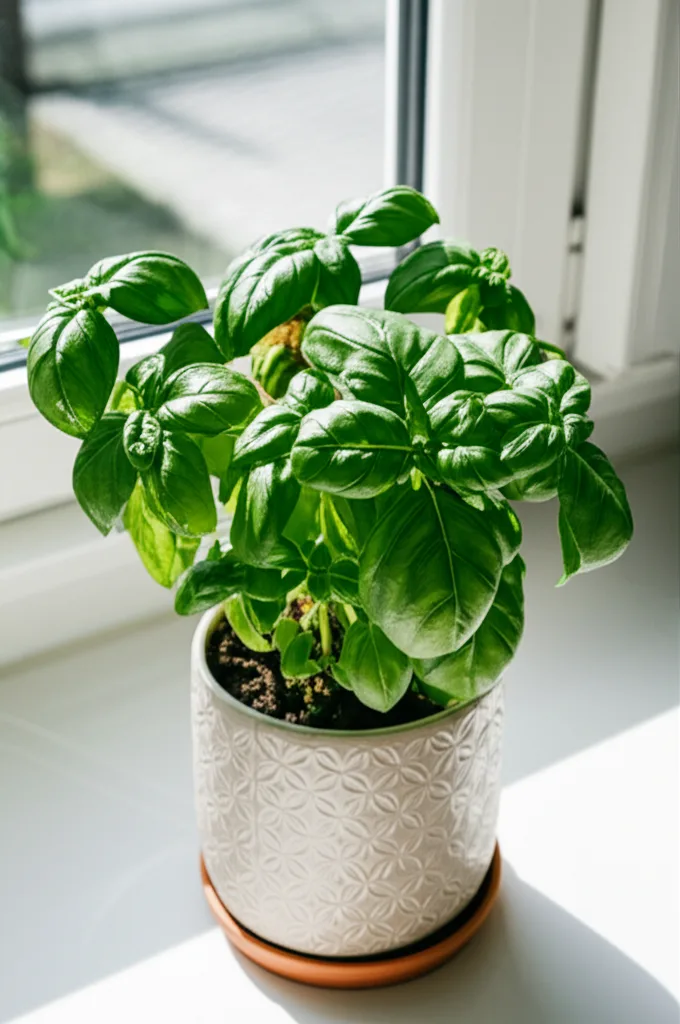 Generate a high-quality, relevant image prompt for an article about: Indoor Basil Plant: Stunning &