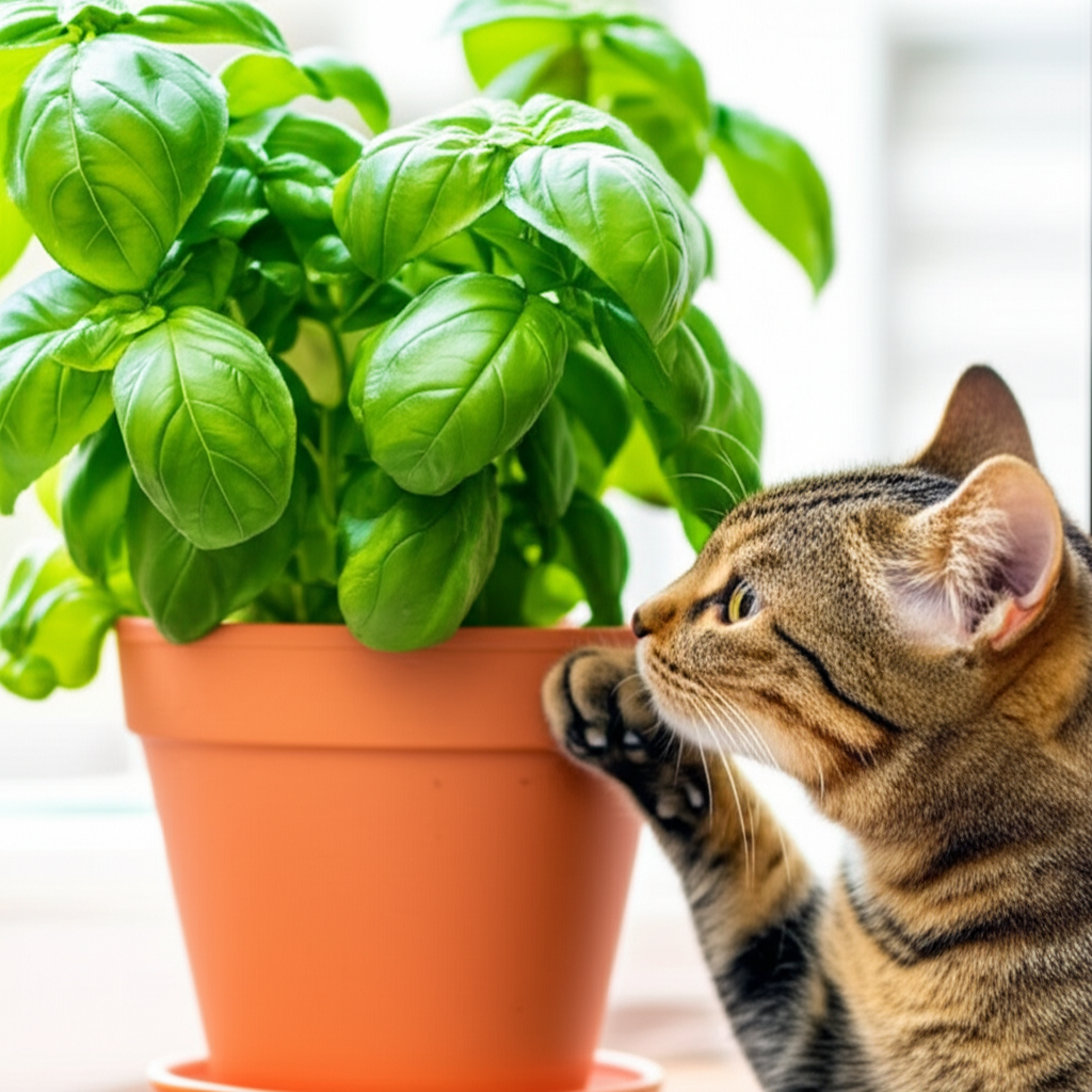 Generate a high-quality, relevant image prompt for an article about: Cats Basil Plant: Stunning & Sa