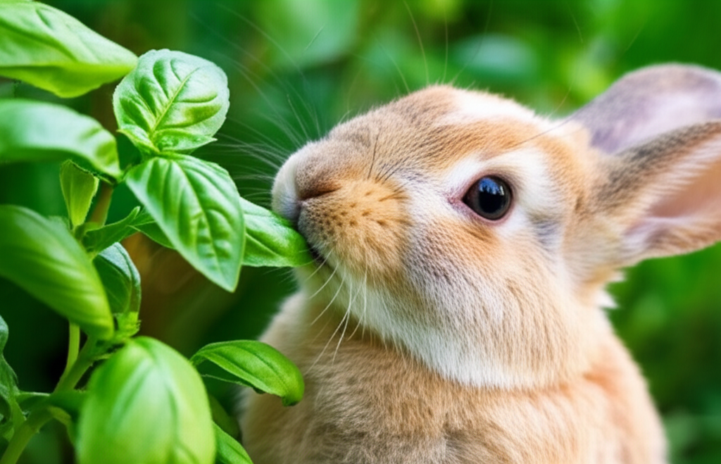 Generate a high-quality, relevant image prompt for an article about: Rabbits Eat Basil? Easy Guide