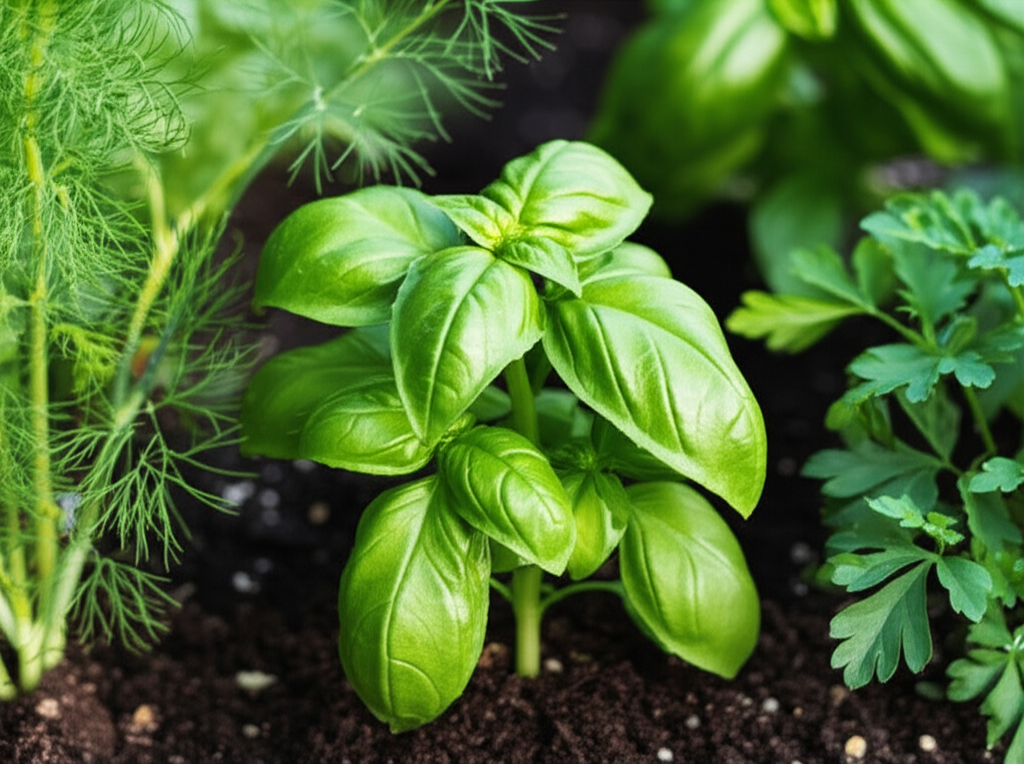 Generate a high-quality, relevant image prompt for an article about: Bad Basil Companions: Avoid The