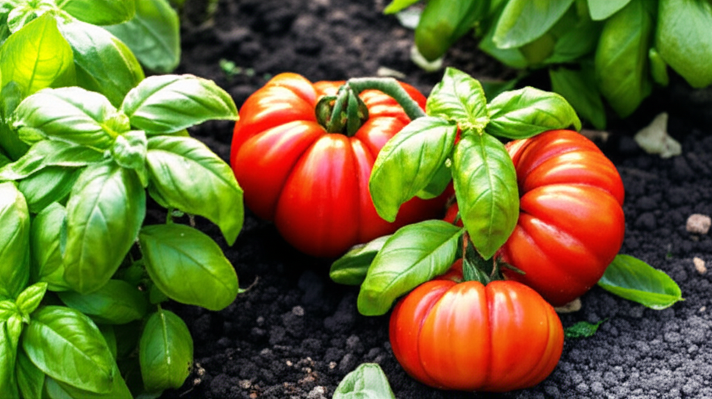 Generate a high-quality, relevant image prompt for an article about: Basil & Tomato Companion Planti