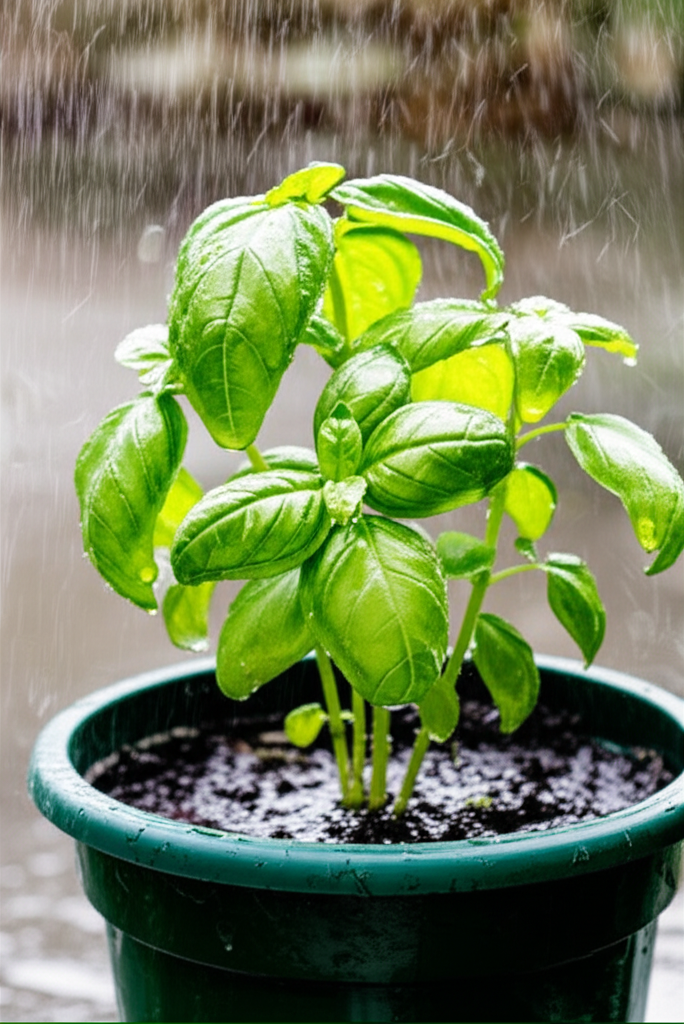 Generate a high-quality, relevant image prompt for an article about: Basil Overwatering: Can Rain Ru