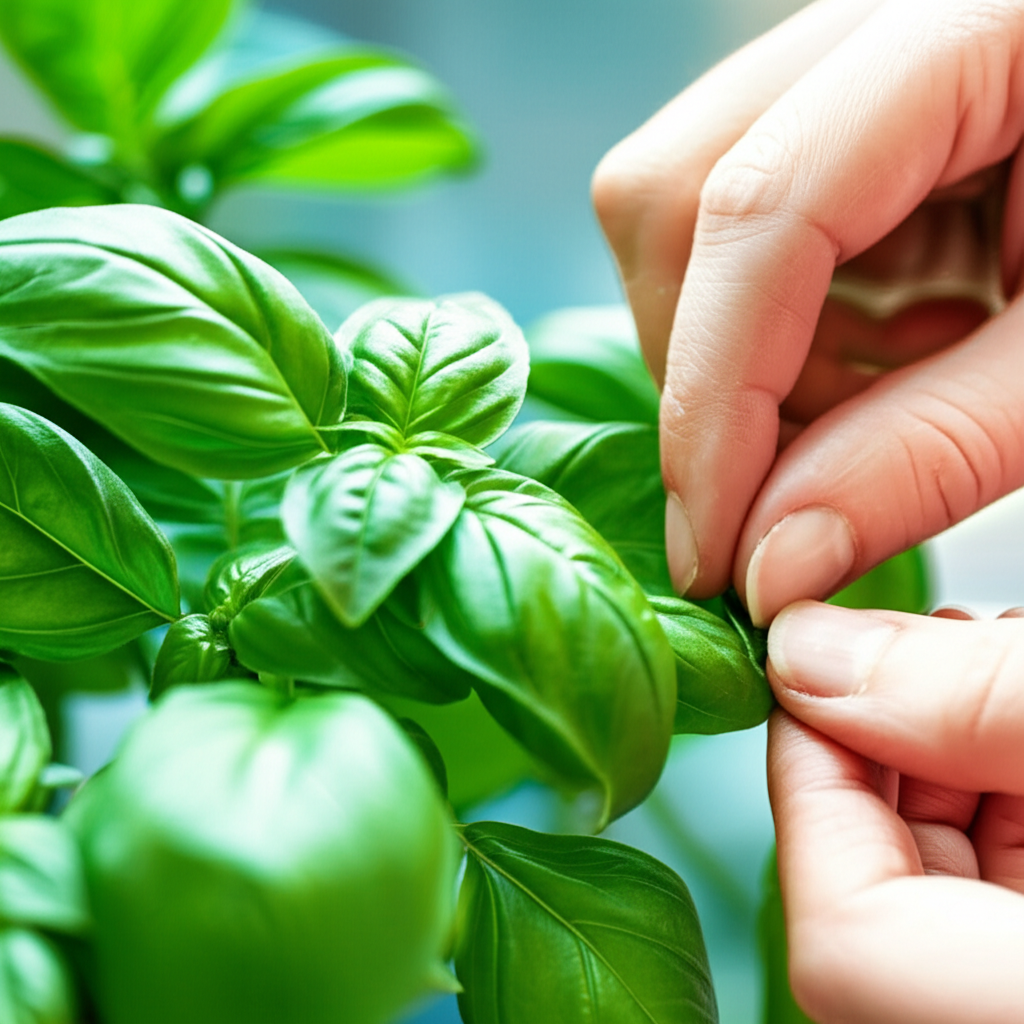 Generate a high-quality, relevant image prompt for an article about: Pick Basil Leaves: Effortless &