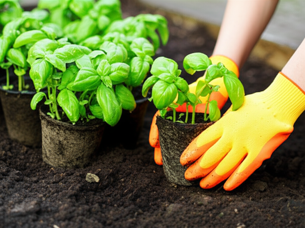 Generate a high-quality, relevant image prompt for an article about: Planting Basil Plants Outdoors: