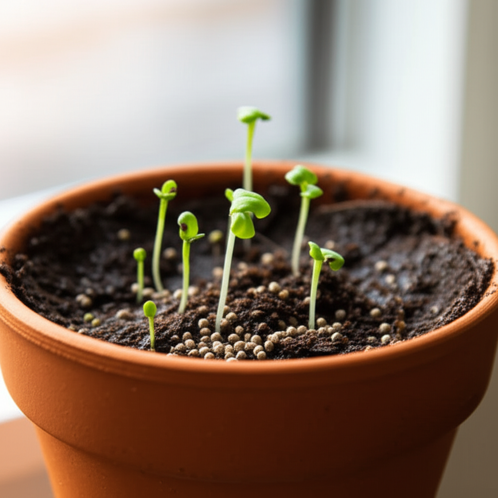 Generate a high-quality, relevant image prompt for an article about: Planting Basil Seeds Indoors: E