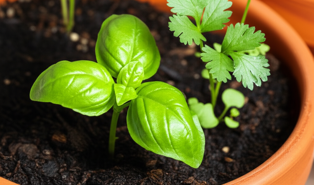 Generate a high-quality, relevant image prompt for an article about: Plant Basil & Cilantro Together