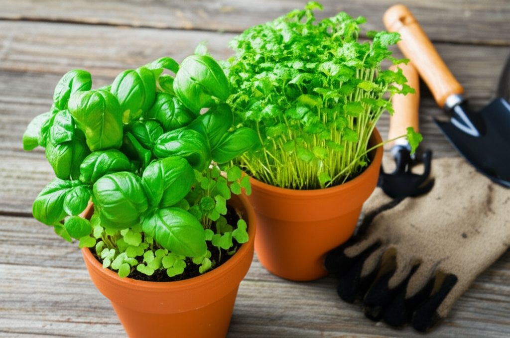 Generate a high-quality, relevant image prompt for an article about: Plant Basil & Cilantro Together