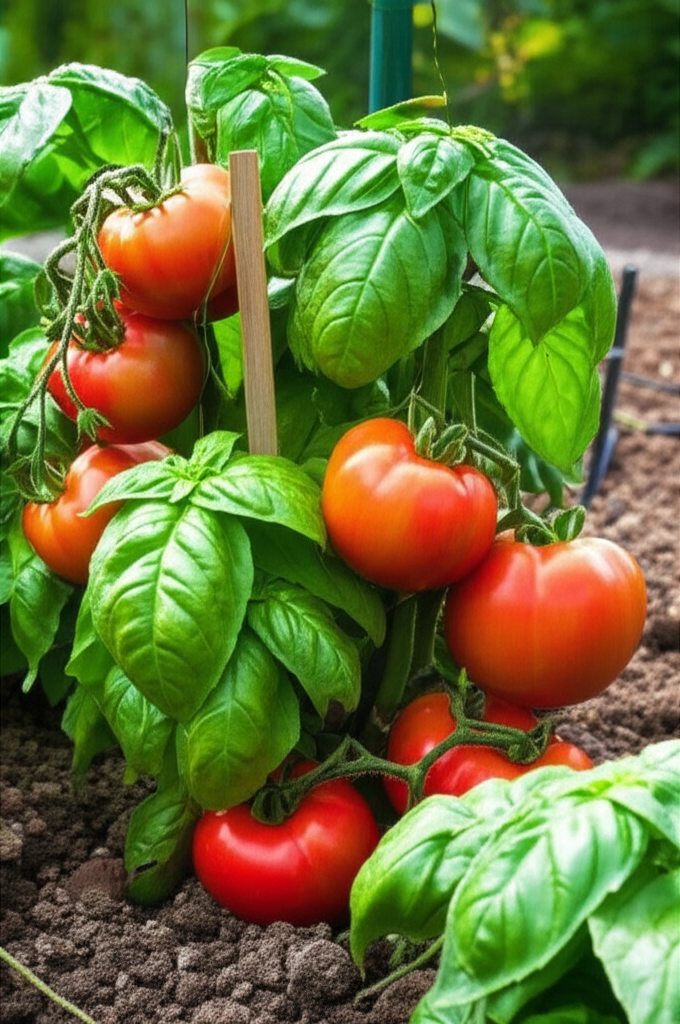 Generate a high-quality, relevant image prompt for an article about: Basil & Tomatoes: Plant Togethe