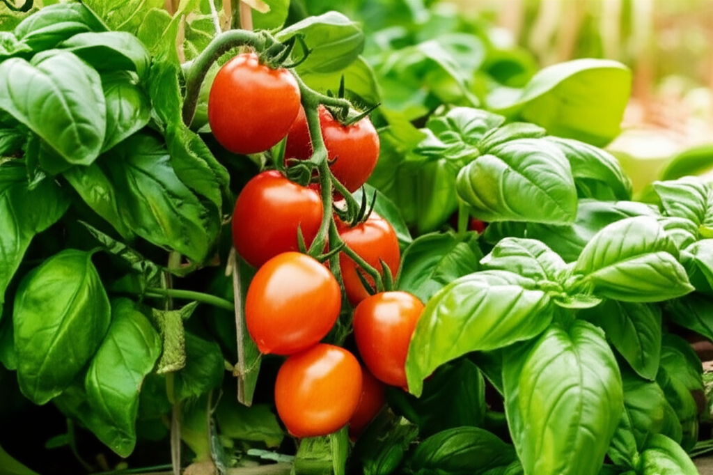 Generate a high-quality, relevant image prompt for an article about: Plant Basil With Tomatoes: Best