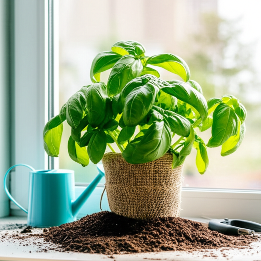Generate a high-quality, relevant image prompt for an article about: Effortless Basil: Indoor Caring