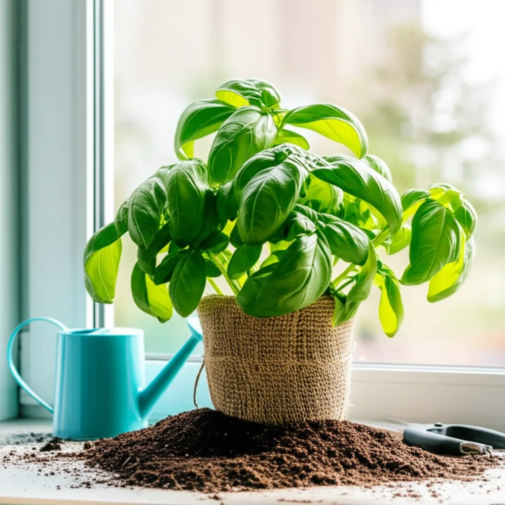 Generate a high-quality, relevant image prompt for an article about: Effortless Basil: Indoor Caring