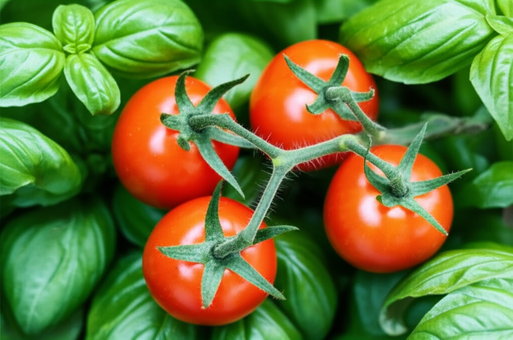 Generate a high-quality, relevant image prompt for an article about: Basil & Tomato Companion Planti