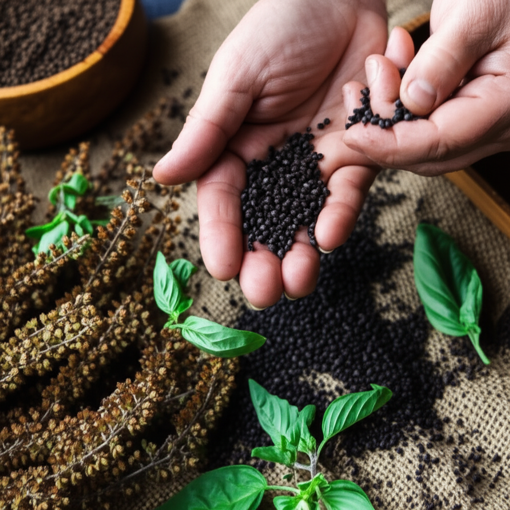 Generate a high-quality, relevant image prompt for an article about: Harvesting Basil Seeds: Easy, A