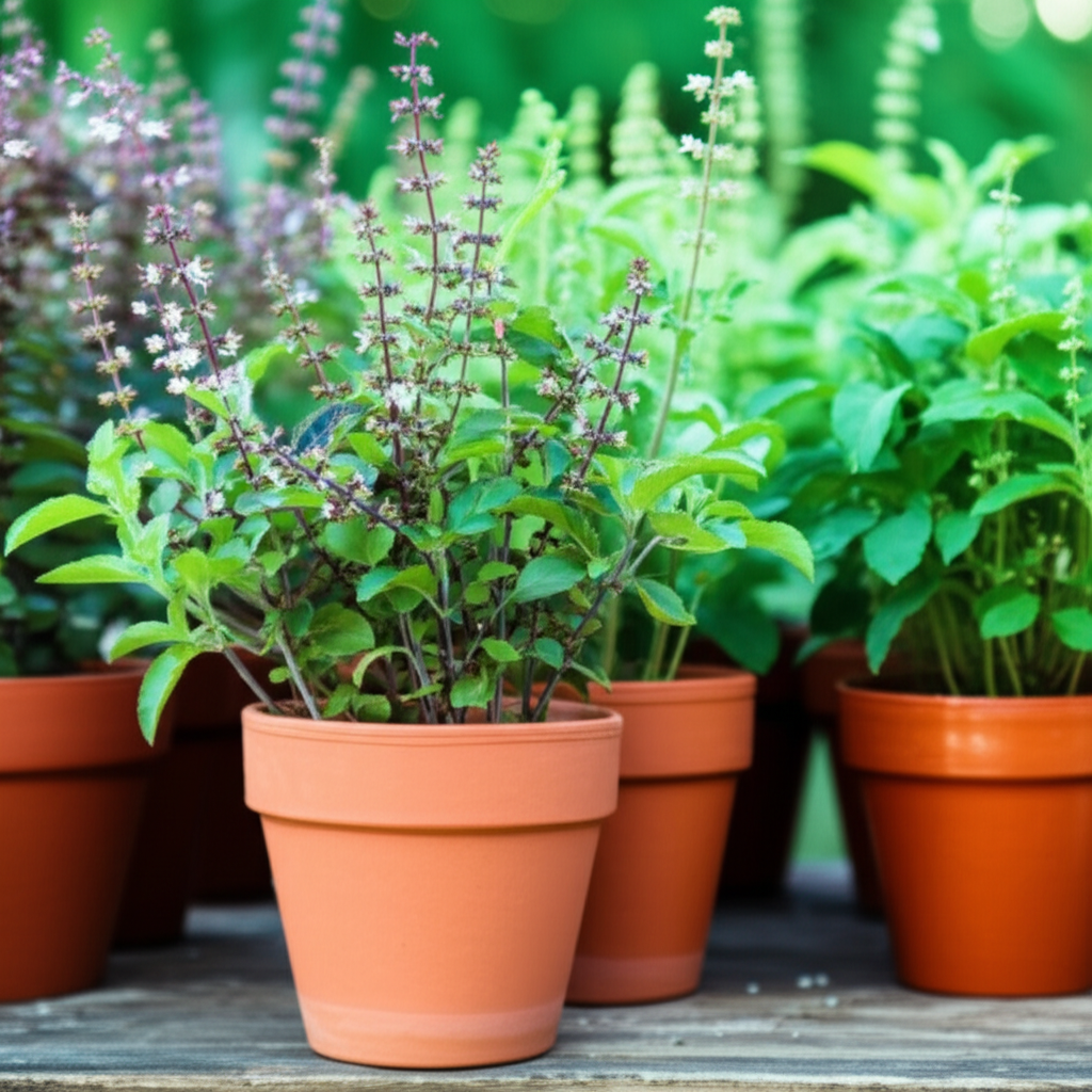 Generate a high-quality, relevant image prompt for an article about: Holy Basil Plants for Sale: Stu