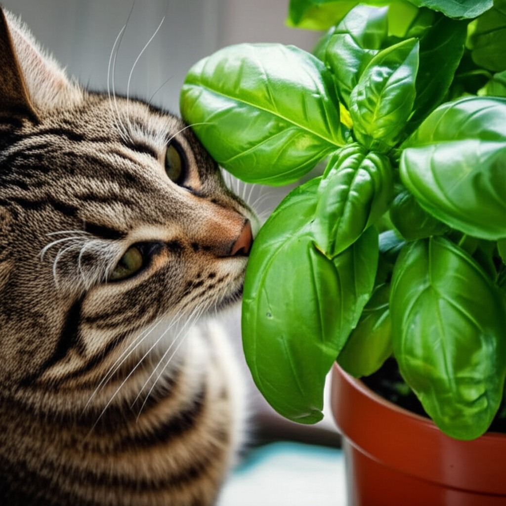 Generate a high-quality, relevant image prompt for an article about: Can Cats Eat Basil? Yes, Safely