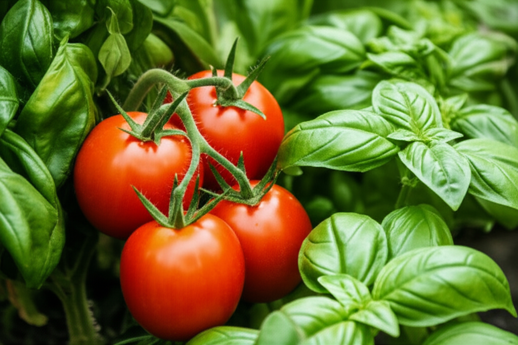 Generate a high-quality, relevant image prompt for an article about: Basil & Tomatoes: Plant Togethe