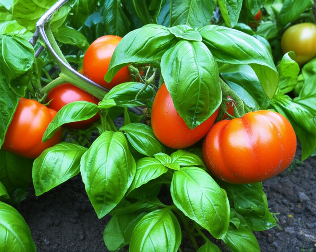 Generate a high-quality, relevant image prompt for an article about: Basil & Tomato Companion Planti