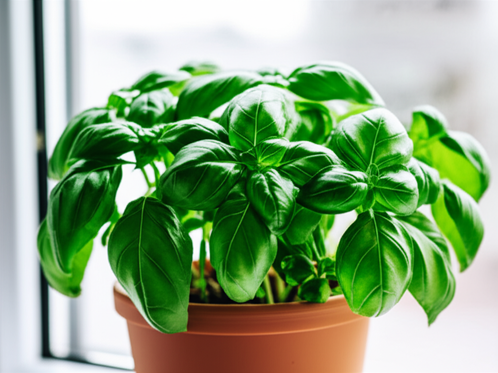 Generate a high-quality, relevant image prompt for an article about: Indoor Basil Care: Effortless G