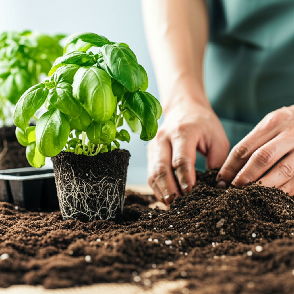 Generate a high-quality, relevant image prompt for an article about: Replant Basil: Easy & Stunning
