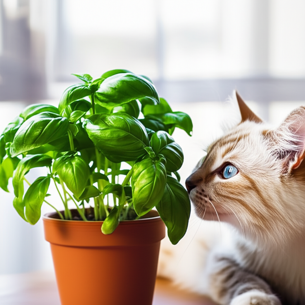 Generate a high-quality, relevant image prompt for an article about: Basil Plant Safe for Cats: Yes!