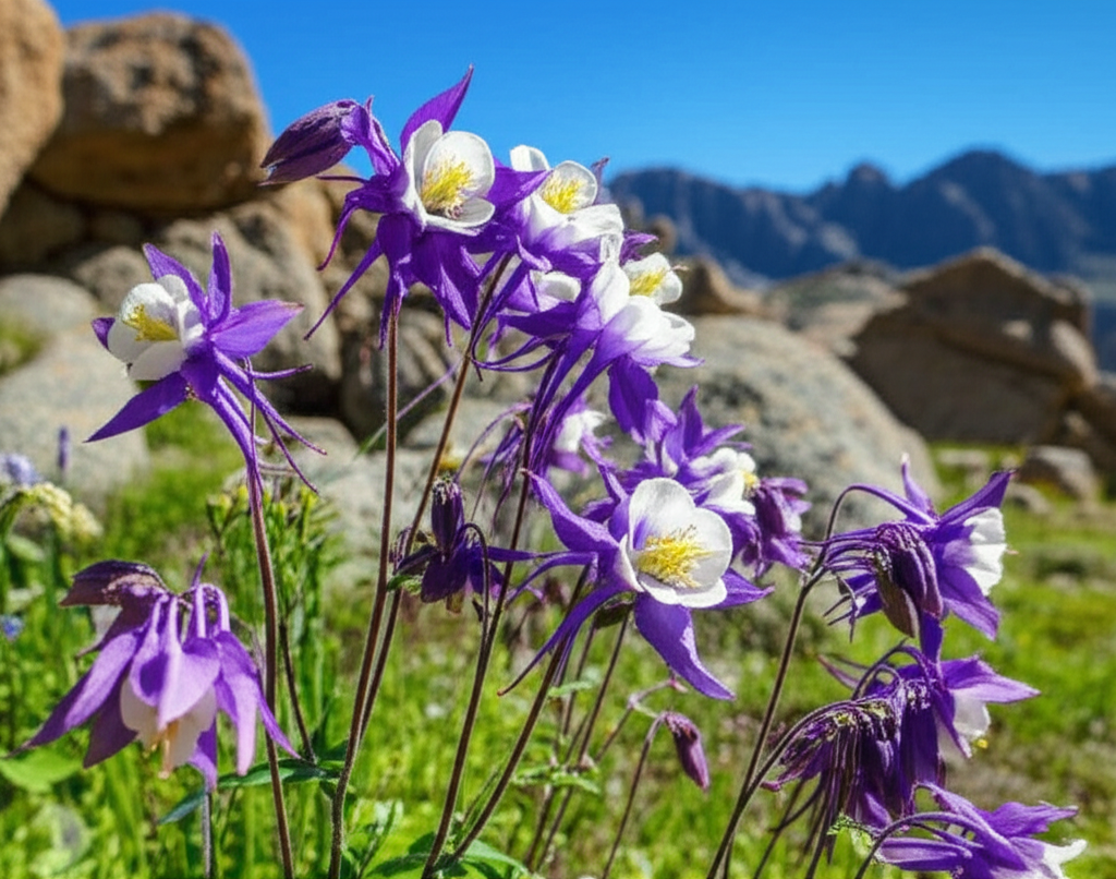 Generate a high-quality, relevant image prompt for an article about: Alpine Columbine Bloom Time: St