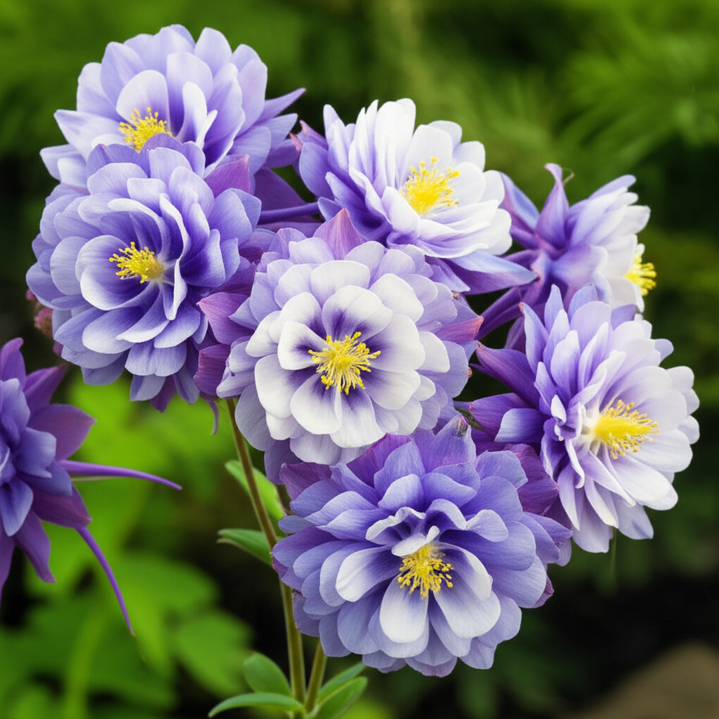Generate a high-quality, relevant image prompt for an article about: Double Alpine Columbine Forms: