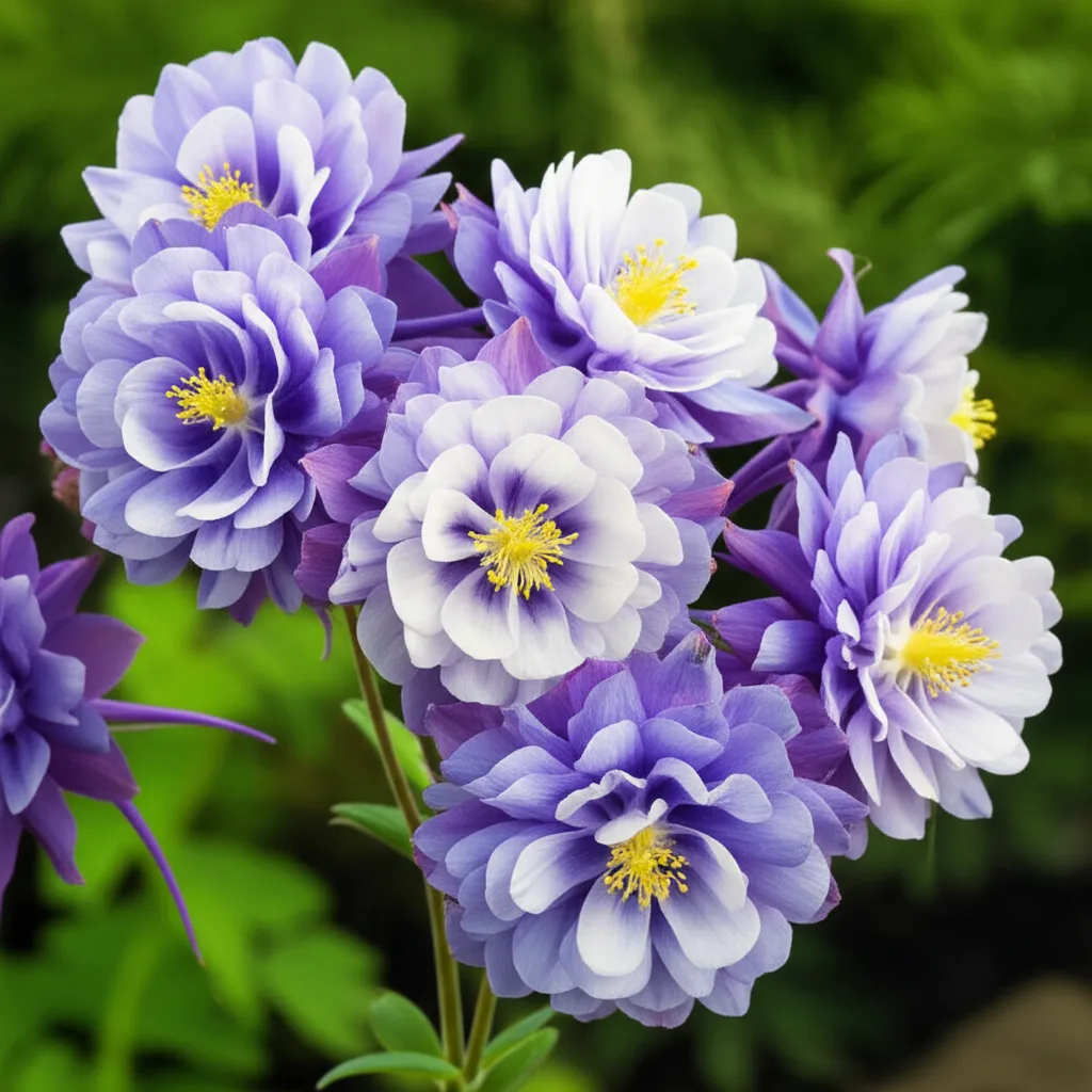 Generate a high-quality, relevant image prompt for an article about: Double Alpine Columbine Forms: