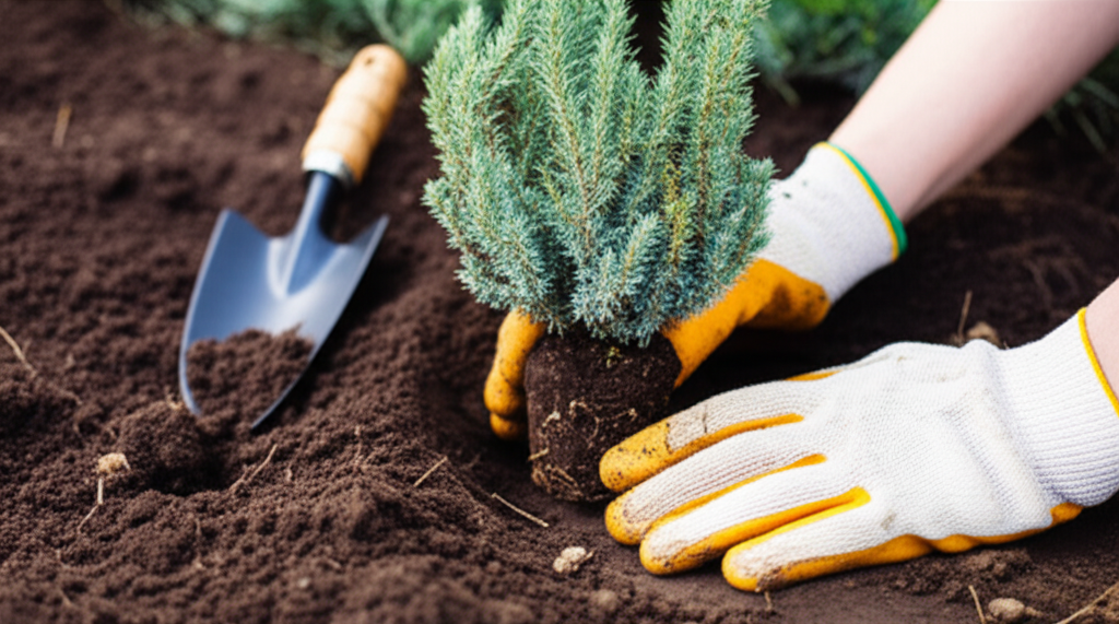 Generate a high-quality, relevant image prompt for an article about: Blue Star Juniper Planting: Eff