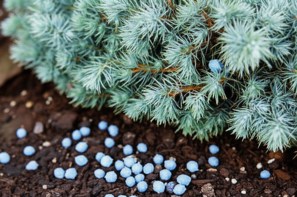 Generate a high-quality, relevant image prompt for an article about: Blue Star Juniper Fertilizer: E