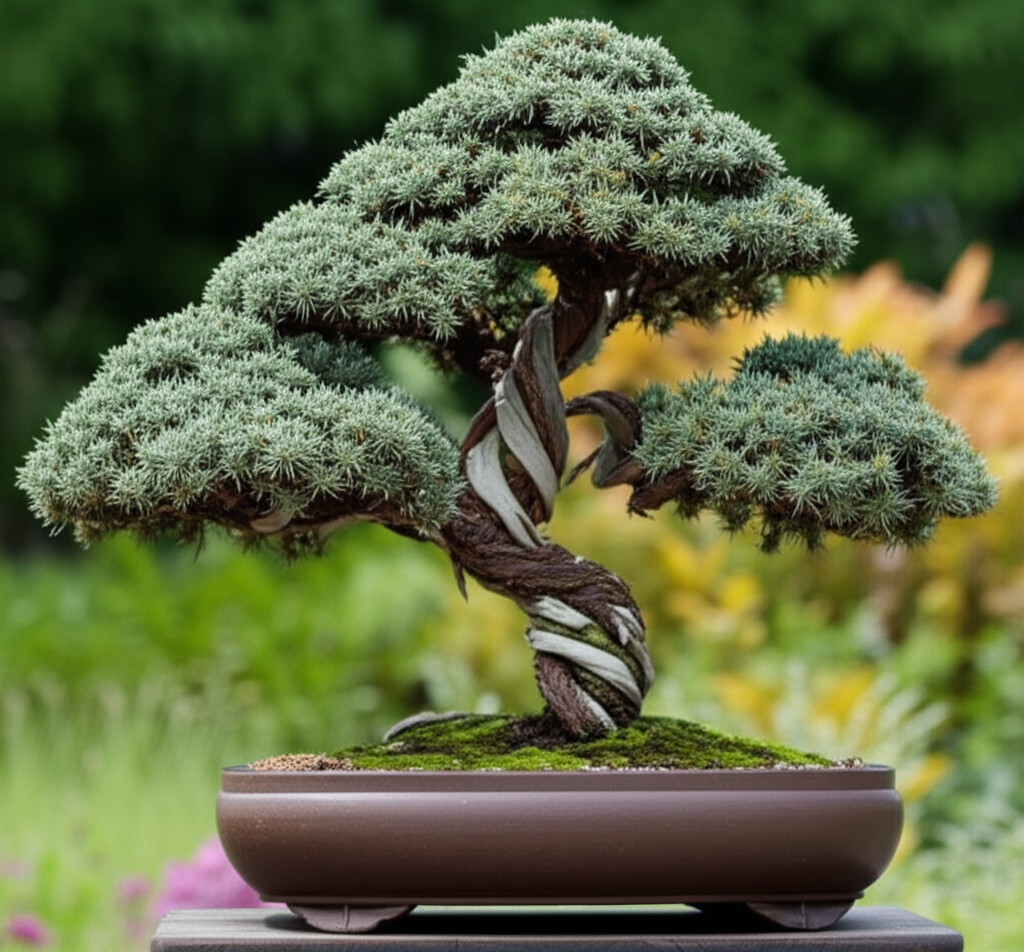 Generate a high-quality, relevant image prompt for an article about: Blue Star Juniper Bonsai: Stunn