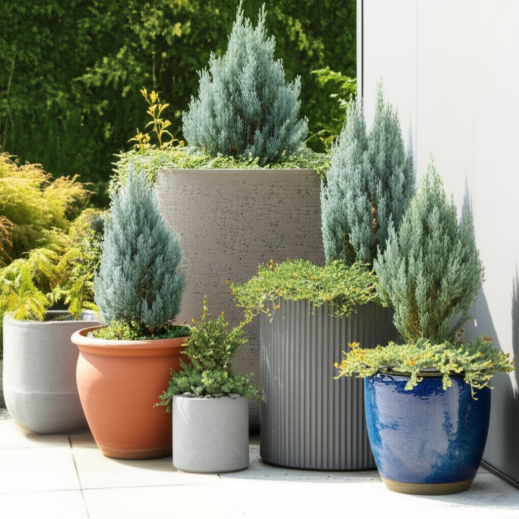 Generate a high-quality, relevant image prompt for an article about: Blue Star Juniper Planters: Stu