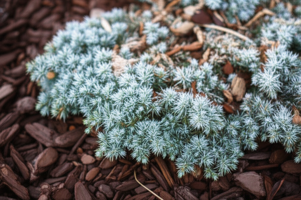 Generate a high-quality, relevant image prompt for an article about: Blue Star Juniper Mulching: Eff