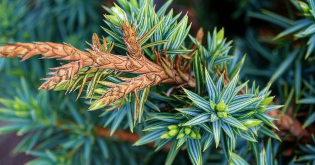 Generate a high-quality, relevant image prompt for an article about: Blue Star Juniper Frost Damage