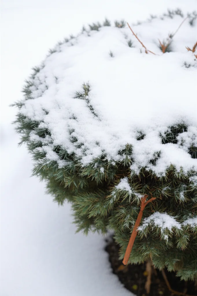 Generate a high-quality, relevant image prompt for an article about: Blue Star Juniper Snow Load Pre