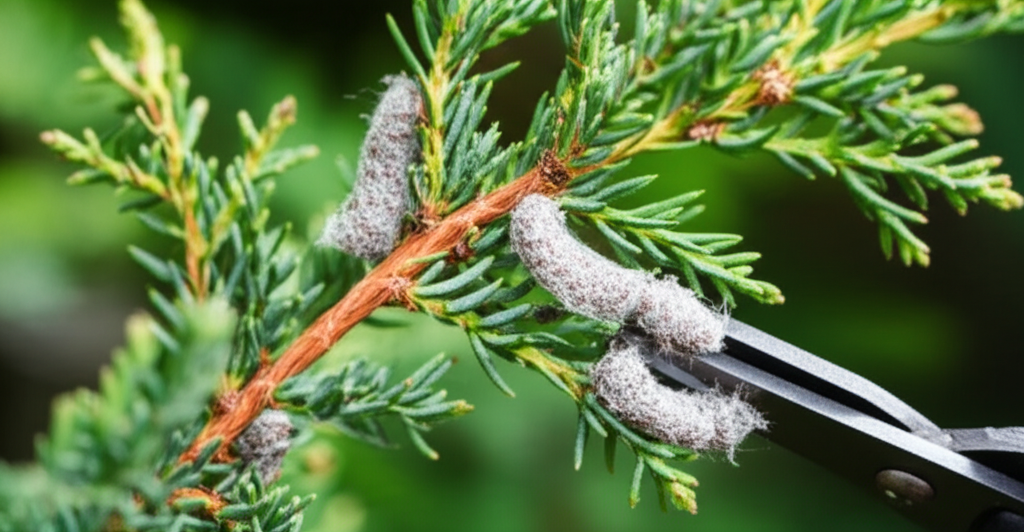 Generate a high-quality, relevant image prompt for an article about: Blue Star Juniper Bagworm: Effo