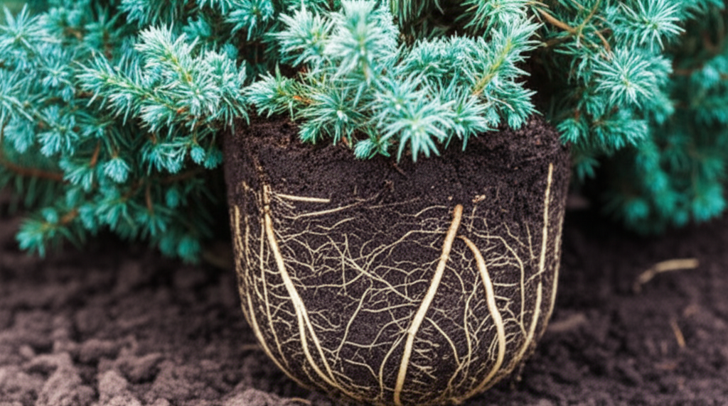Generate a high-quality, relevant image prompt for an article about: Blue Star Juniper Root Rot: Eff