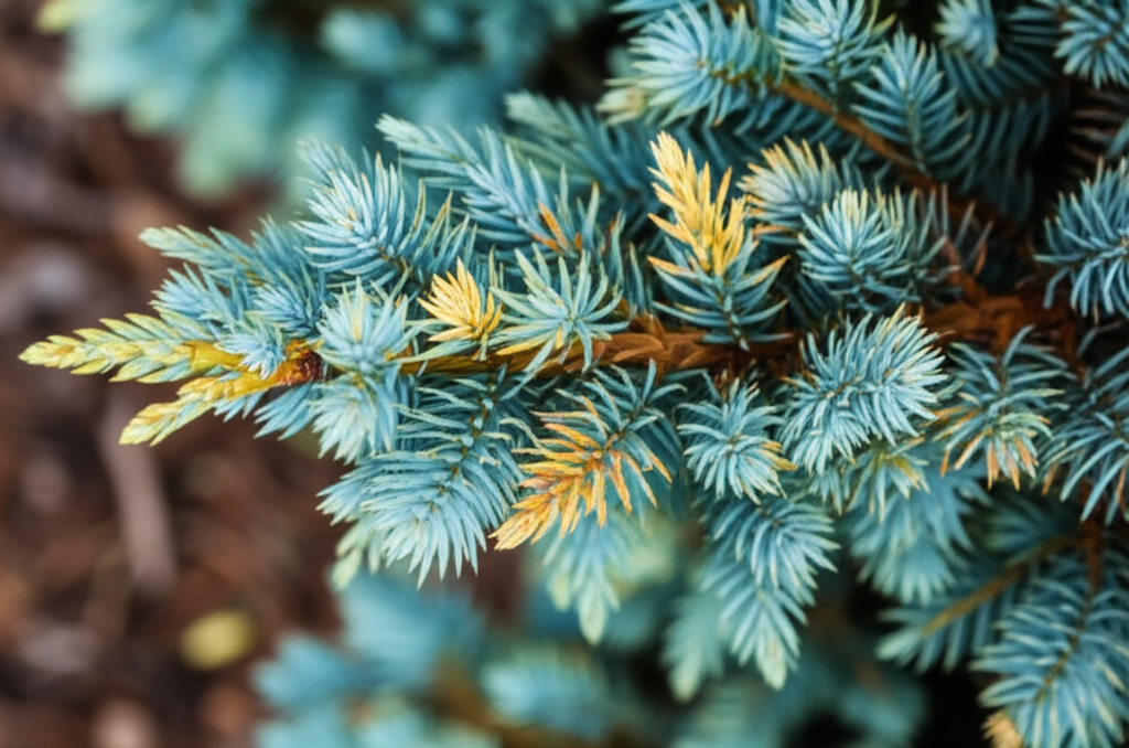 Generate a high-quality, relevant image prompt for an article about: Blue Star Juniper Yellowing: **