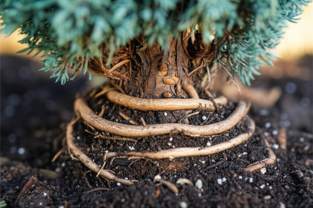 Generate a high-quality, relevant image prompt for an article about: Blue Star Juniper Root-Bound: S