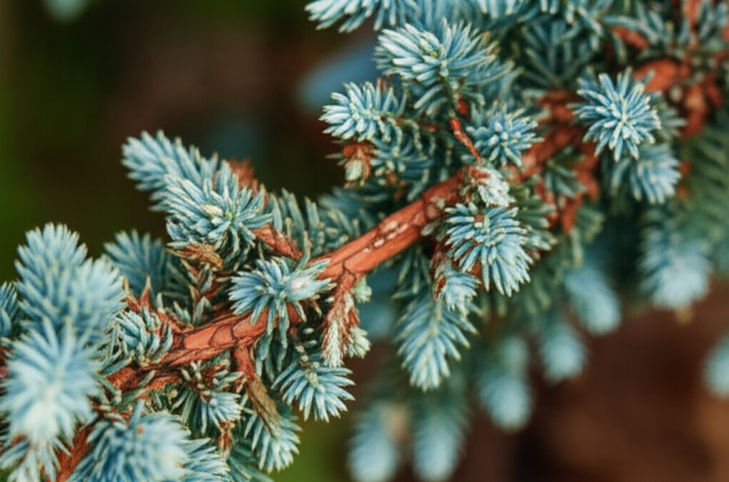 Generate a high-quality, relevant image prompt for an article about: Blue Star Juniper Pest Damage: