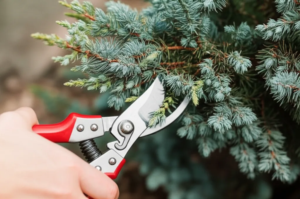 Generate a high-quality, relevant image prompt for an article about: Blue Star Juniper Pruning: Effo