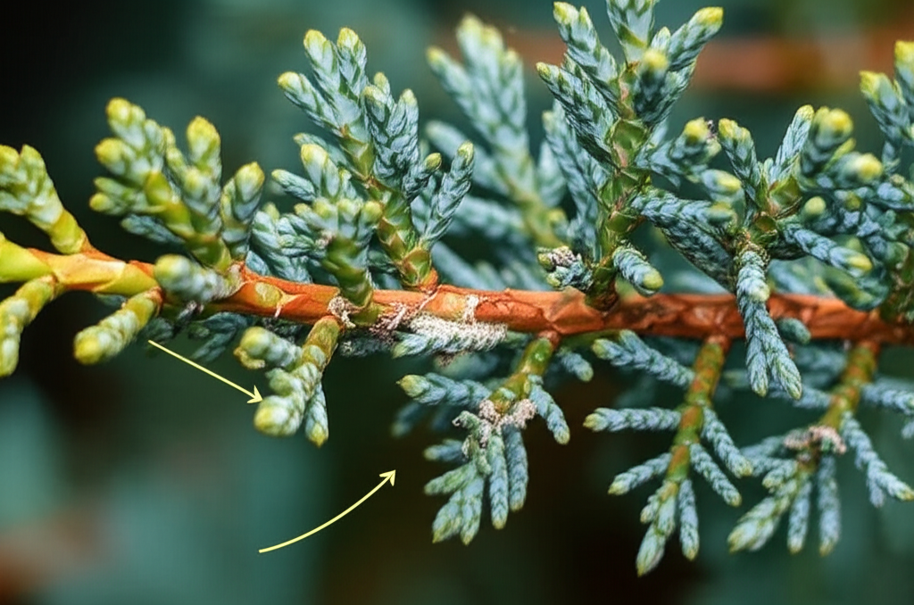 Generate a high-quality, relevant image prompt for an article about: Blue Star Juniper Pest Diagnosi