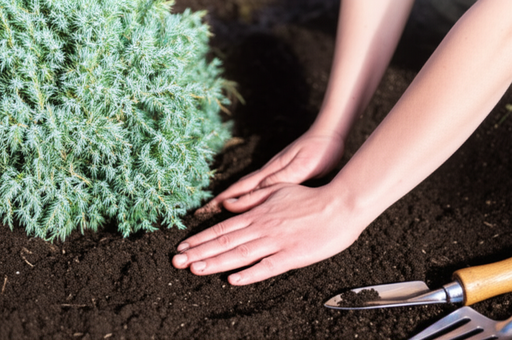 Generate a high-quality, relevant image prompt for an article about: Blue Star Juniper Soil Prep: Es