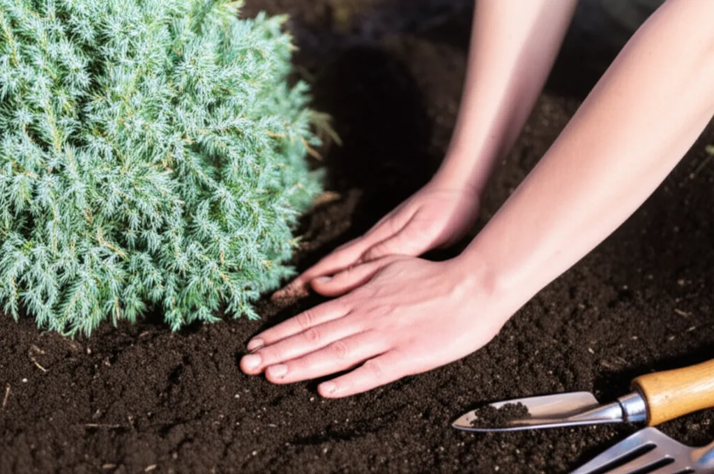 Generate a high-quality, relevant image prompt for an article about: Blue Star Juniper Soil Prep: Es