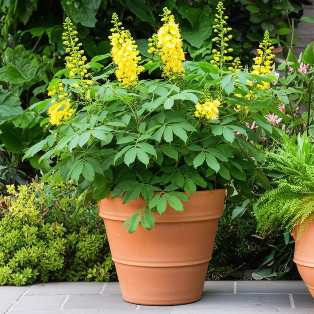 Generate a high-quality, relevant image prompt for an article about: Candle Bush Container Gardening