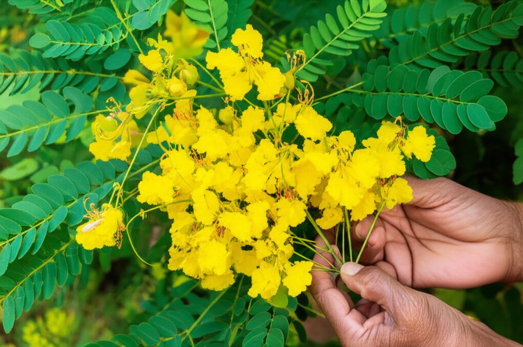 Generate a high-quality, relevant image prompt for an article about: Harvesting Candle Bush Flowers: