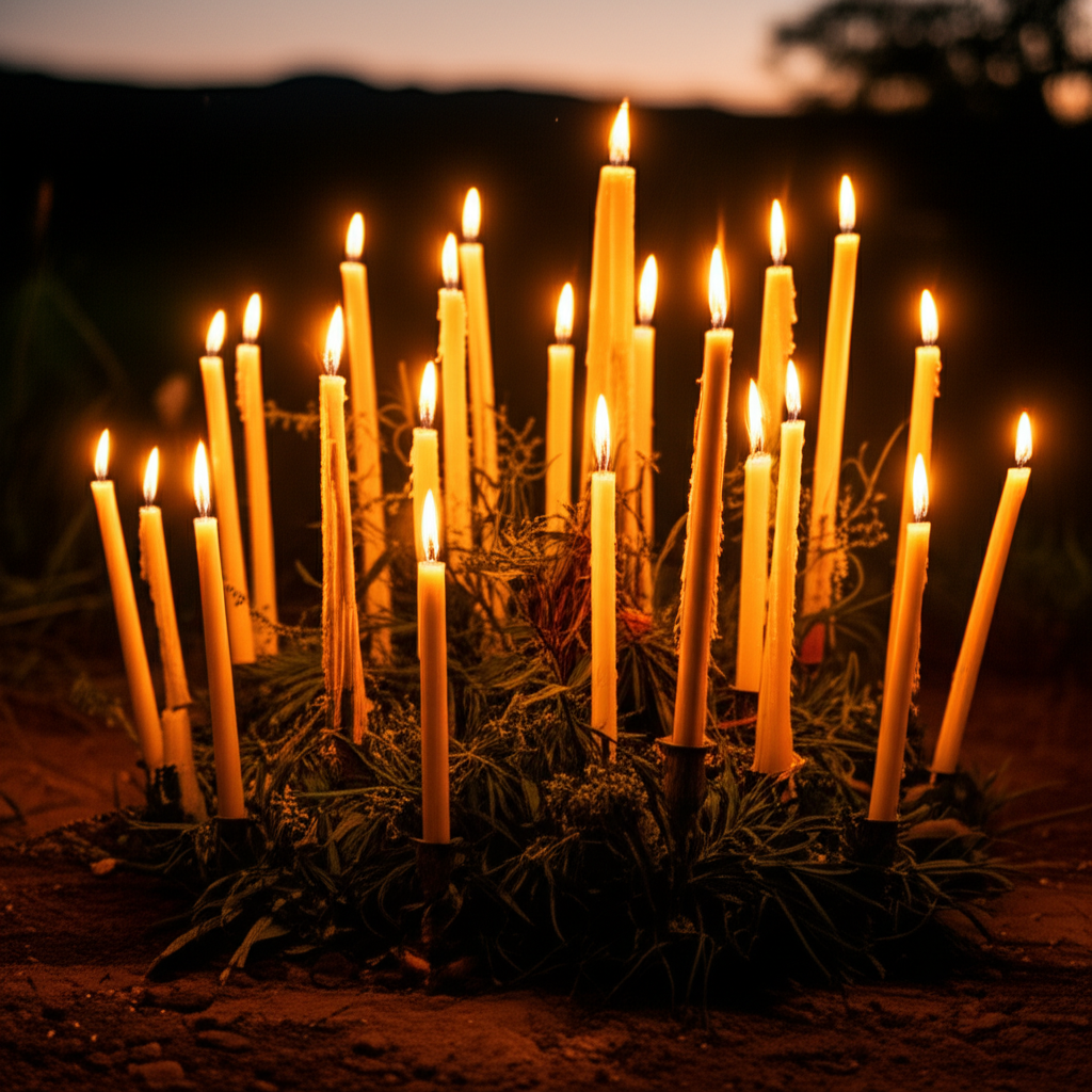 Generate a high-quality, relevant image prompt for an article about: Candle Bush Rituals: Sacred & S