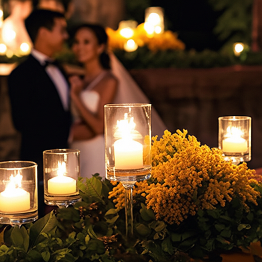 Generate a high-quality, relevant image prompt for an article about: Candle Bush Wedding: Stunning &