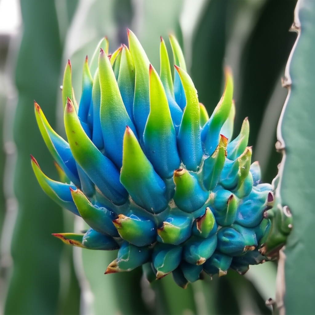 Generate a high-quality, relevant image prompt for an article about: Stunning Blue Dragon Fruit Cact