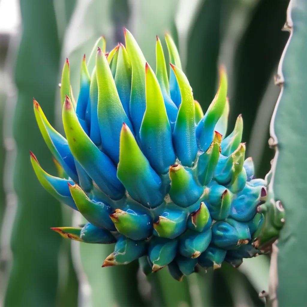 Generate a high-quality, relevant image prompt for an article about: Stunning Blue Dragon Fruit Cact