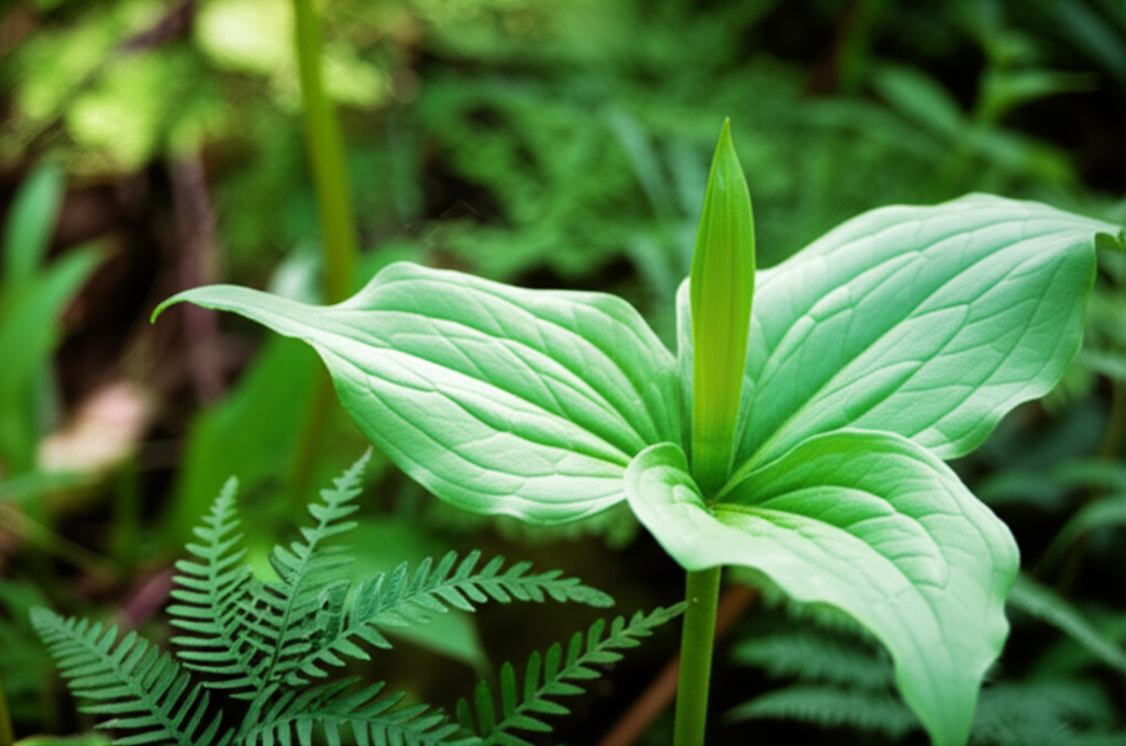 Jack-in-the-Pulpit companion planting with woodland herbs and ferns